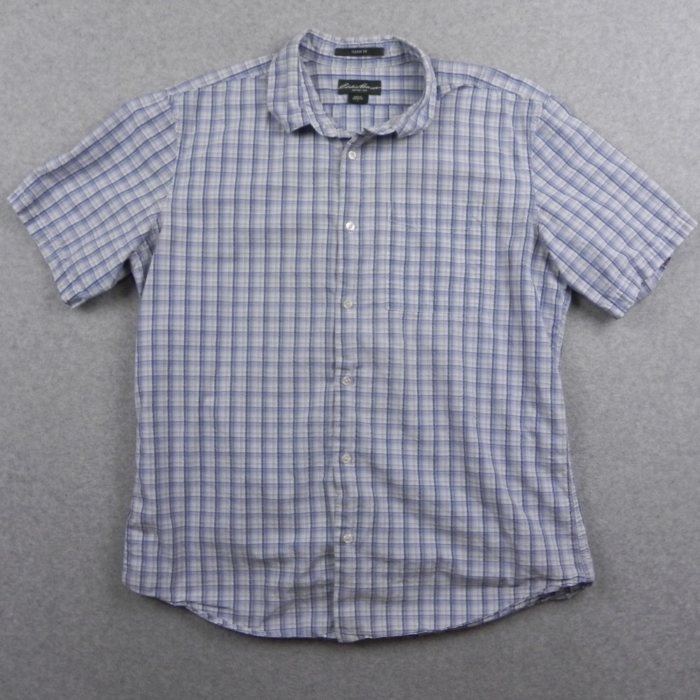 Eddie‎ Bauer Shirt Mens Large Classic Fit Casual Button Blue Plaid Short Sleeve
